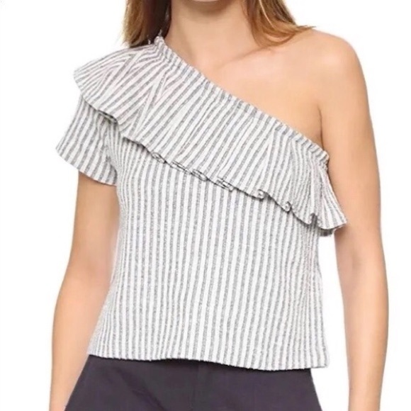 Club Monaco Tops - Club Monaco Gray White Striped One Shoulder Blouse